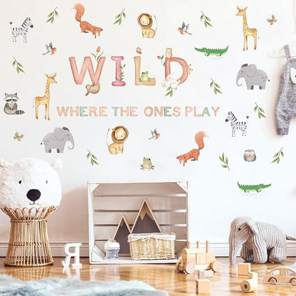 Safari Wall Decals for Kids Where The Wild Ones Play Peel and Stick Wallpaper 38pcs Giraffe Decor Zoo Animal Stickers Jungle Classroom Decal Fauna Forest Wall Murals for Classroom Playroom Nursery