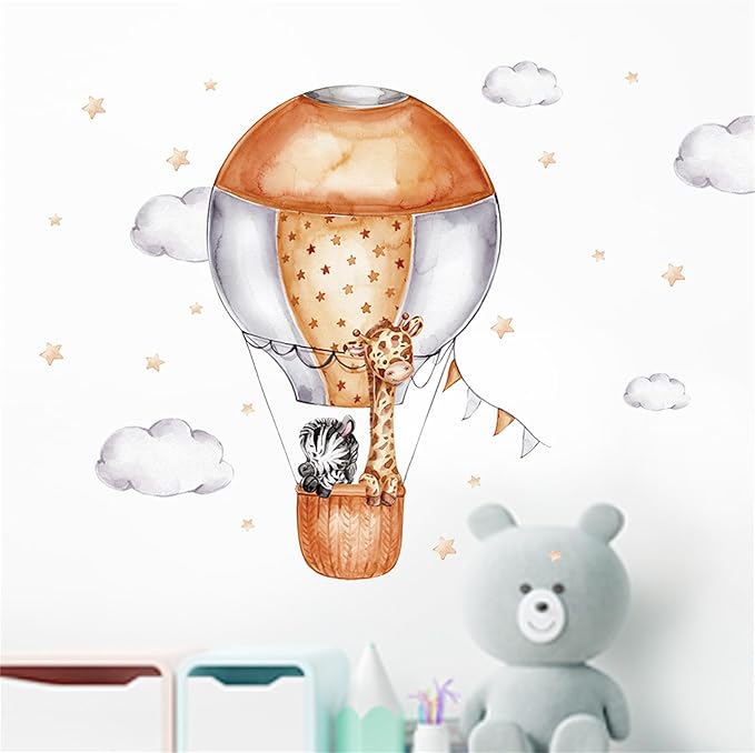 Waterproof Removable Vinyl PVC Hot Air Balloon Zebra Giraffe Safari Animal Wall Decal Wall Sticker Decor Wallpaper Peel Art for Nursery Kidsroom School Classroom Livingroom Bedroom Bathroom