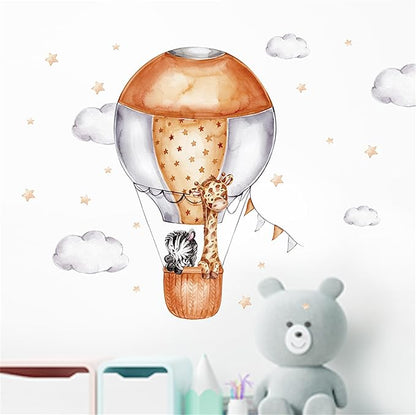 Waterproof Removable Vinyl PVC Hot Air Balloon Zebra Giraffe Safari Animal Wall Decal Wall Sticker Decor Wallpaper Peel Art for Nursery Kidsroom School Classroom Livingroom Bedroom Bathroom