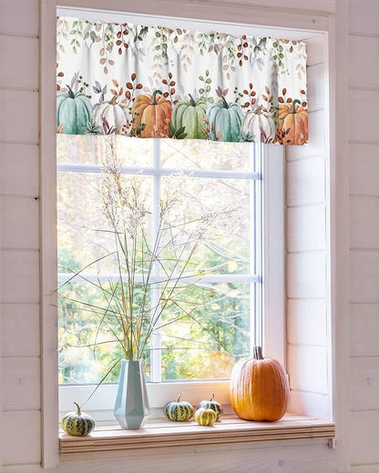 Fall Thanksgiving Kitchen Curtains Valances for Windows Autumn Pumpkins Eucalyptus Leaves Rod Pocket Window Treatment for Kitchen /Living Room/Bedroom/ Bathroom, 54" X 18", Blue Sage Green Orange