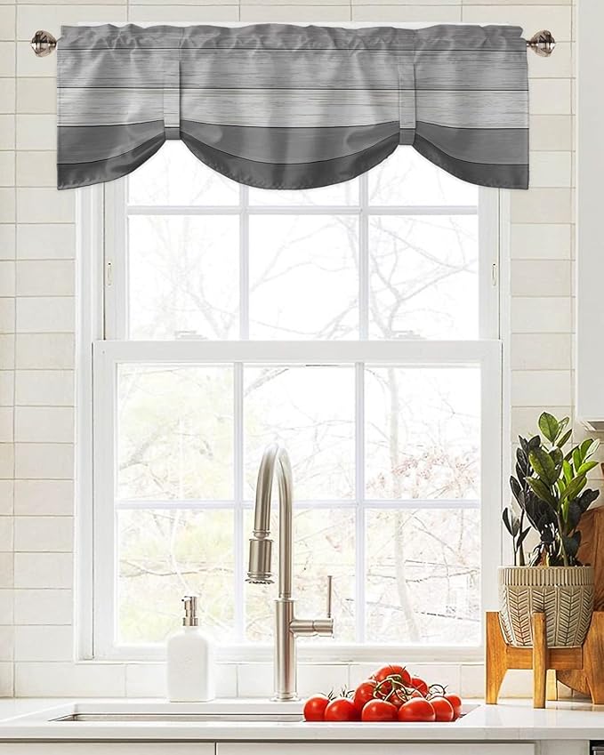 Farmhouse Blackout Tie Up Valance Curtains for Kitchen Windows, Grey Blackout Tie Up Window Toppers Balloon Shades for Living Room/Bathroom/Bedroom,1 Panel,42" X 12"