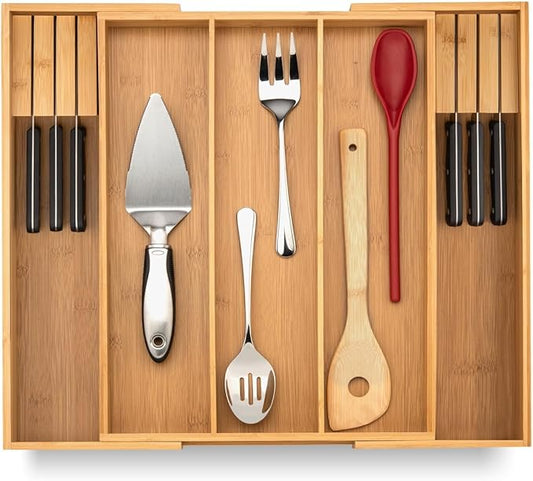 Purawood - Large Premium Bamboo Silverware Organizer with Knife Blocks - Expandable Kitchen Drawer & Utensil Organizer, Cutlery Tray with Drawer Dividers for Kitchen Flatware (3-5 Slots) (Natural)