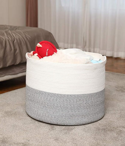 24" x 24" x 17" Max Size Large Cotton Rope Basket, Extra Large Storage Basket, Woven Laundry Hamper, Cloth Storage Bin, for Blankets Clothes Towels Pillows in Living Room, Grey Mix
