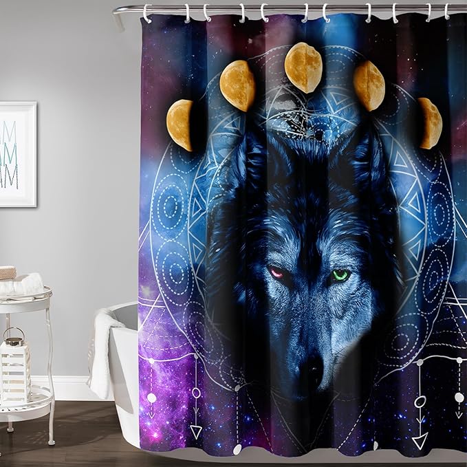 AILONEN Wolf Shower Curtain,Boho Moon Wolf Bath Curtain for Bathroom Decor,Galaxy Wolf Polyester Waterproof Whit 12 Plastic Hooks 72" W*78" H