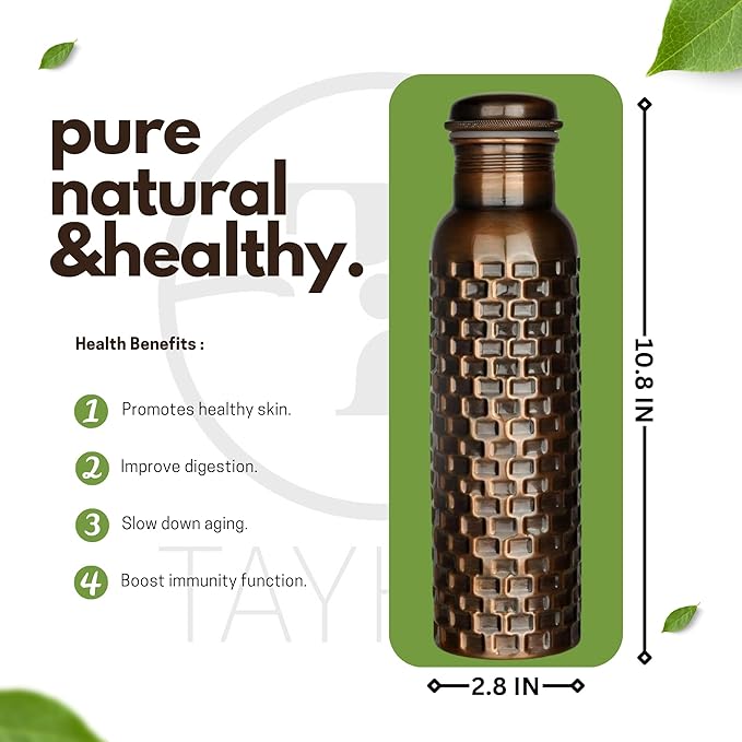 Pure Copper Metal Water Bottle - Indian Handmade Ayurveda Healing Benefit Water Bottle for Drinking, Travel, Hiking, Gym, Office, Outdoor - Antique Finish - 950 ML