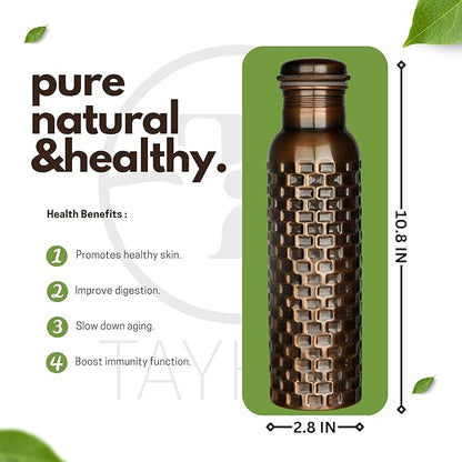 Pure Copper Metal Water Bottle - Indian Handmade Ayurveda Healing Benefit Water Bottle for Drinking, Travel, Hiking, Gym, Office, Outdoor - Antique Finish - 950 ML