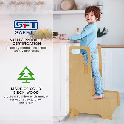 Large Kids Step Stool with Handles, Wooden Step Stool for Kids with Safety Anti-Slip Mats, Toddler Step Stool for Bathroom Sink, Kitchen, Toilet Potty Training, Washing Hands and Brushing Teeth