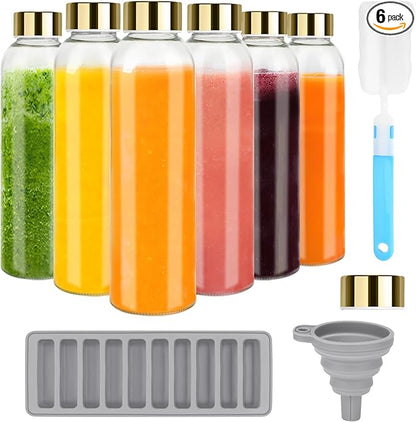 Glass Juice Bottles with Lids for Juicing 18 oz, Reusable Clear Glass Water Bottles with Stainless Steel Airtight Cap for Refrigerator, 100% Leak Proof, BPA Free, Set of 6, Gold