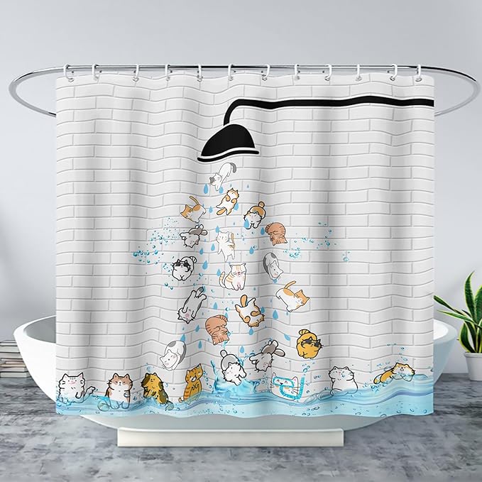 AILONEN Cute Cat Shower Curtain for Kids 36" W*72" H Inch,Colorful Animals Playing Water Kids Lovely Funny Hilarious Shower Curtain,12 Pack Hooks Polyester Waterproof Fabric Decor for Bathroom