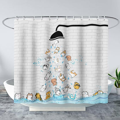 AILONEN Cute Cat Shower Curtain for Kids 72" W*84" H Inch,Colorful Animals Playing Water Kids Lovely Funny Hilarious Shower Curtain,12 Pack Hooks Polyester Waterproof Fabric Decor for Bathroom