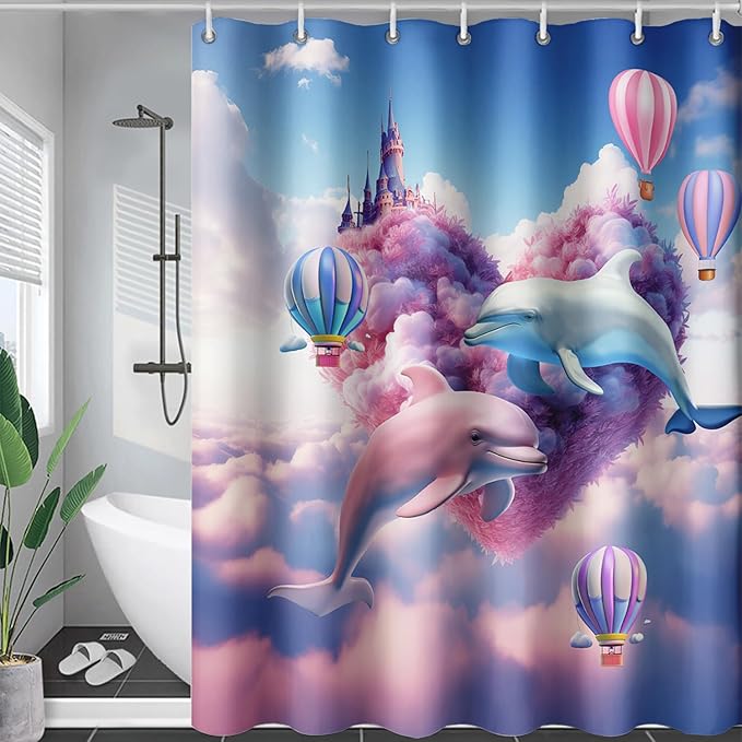 AILONEN Cute Dolphin Shower Curtain,Romantic Pink Sky Clouds Hearts Print Bath Curtain,Blue and Pink Dolphin Shower Curtain Waterproof for Bathroom Decor with 12 Plastic Hooks, 48" W*72" H