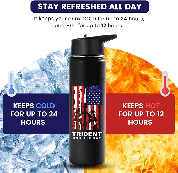 American Flag Water Bottle, 21 oz Insulated Water Bottle, Reusable Water Bottle with Straw, Leak Proof Water Bottles, Thermos Water Bottle - Retired Navy Combat Vet Small Business (Black, 21 Oz)