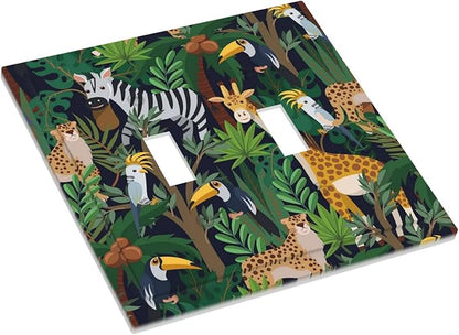 Cartoon Animal Zebra Leopard Giraffe Bird Leaf Double Toggle Nursery Light Switch Covers Decorative 2 Gang Wall Plate Dual Electrical Faceplate Switchplate for Kidroom Living Room Decor