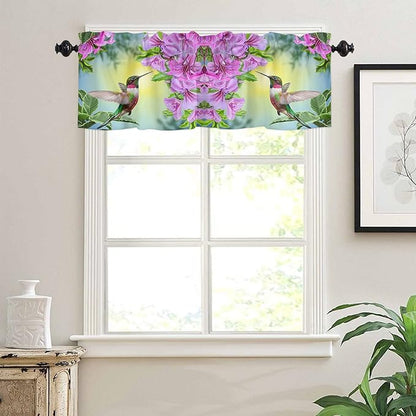 Pink Flowers Valance Curtains for Kitchen Window, Hummingbird Rod Pocket Valances Window Treatments Short Curtains for Bedroom/Living Room,54" X 18" -1 Panel,