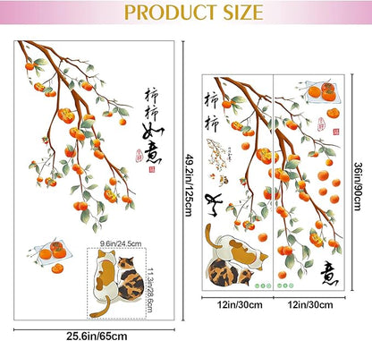 Amaonm Removable 3d Orange Persimmon With Tree Branch wall sticker Cat Falling Leaf Wall Decals Chinese Quotes "Everything is going well" for Kids Girls Boys Bedroom Living Room Nursery Classroom Playroom Wall Background Decoration