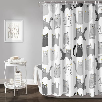 AILONEN Cat Shower Curtain 72" W*84" H Funny Cartoon Cat Grey Printed Bath Curtain Cat Theme Shower Curtain Minimalist Bathroom Curtain Decor Polyester Waterproof Curtain with 12 Hooks