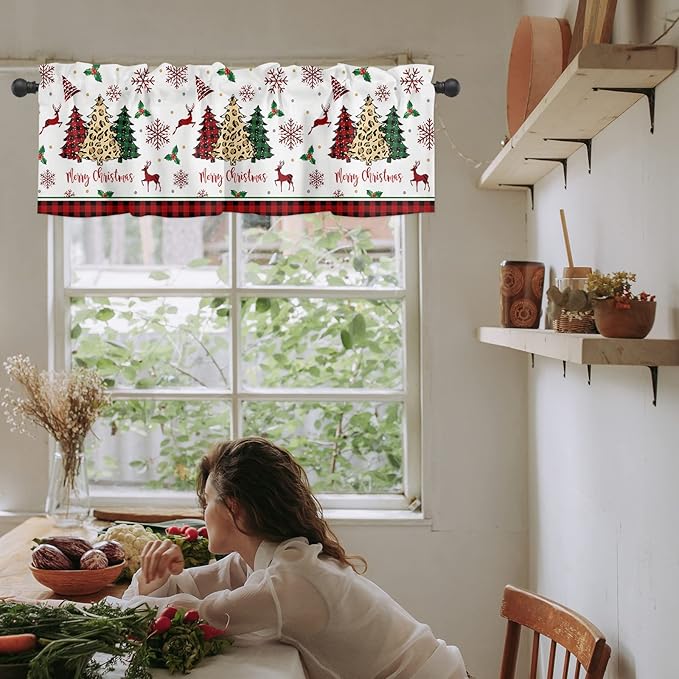 Merry Christmas Kitchen Curtains Valances for Windows Farm Christmas Tree Buffalo Plaid Leopard Rod Pocket Window Treatment for Kitchen/Living Room/Bedroom/Bathroom,60" X 18" -1 Panel, Holiday Decor