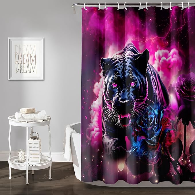 AILONEN 3D Black Panther Shower Curtain for Bathroom,Romantic Rose Smoky Leopard Printed Bath Curtain,Wildlife Cheetah Decoration Shower Curtain Waterproof 72" W*84" H