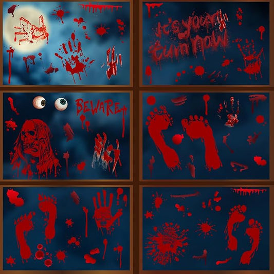 Halloween Horror Blood Seal Window Clings Stickers Decoration Bloodstain Skull Footprint Design Halloween Window Cling Decal Double Sided Static Removable Halloween Glass Window Stickers Supplies