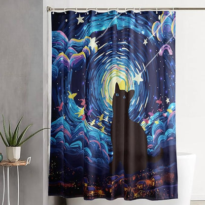 AILONEN Cartoon Black Cat Shower Curtain Set,Starry Night Bath Curtain for Kids Girls Boys,Country Style Shower Curtain,Cat Lovers Animal Shower Curtains for Bathroom Decor, 72" W*84" H