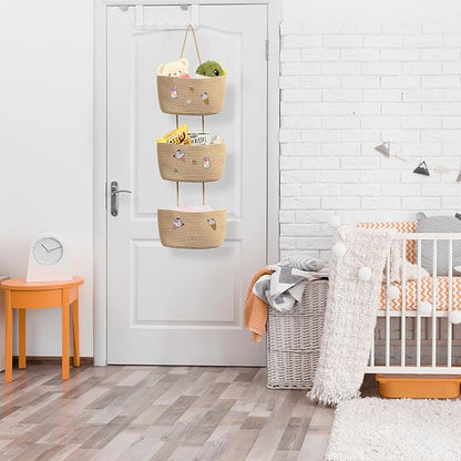 TeoKJ Over the Door Hanging Basket, 3-Tier Woven Cotton Wall-Mounted Storage Organizer with Self Adhesive Dessert Stick Decorative Hanging Nursery Baskets - Jute