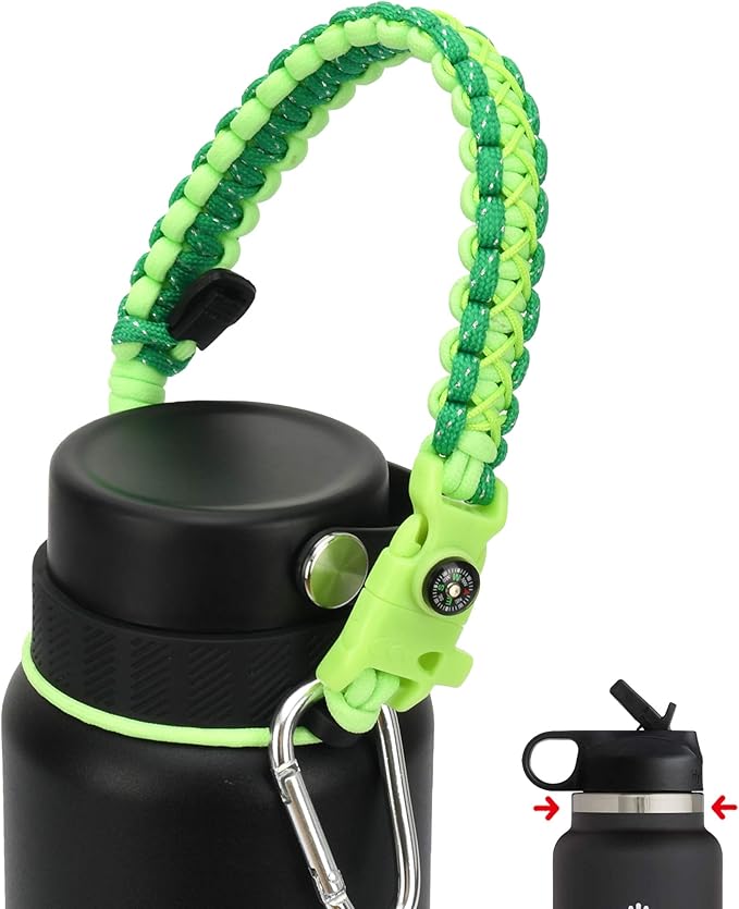 2.0 Paracord Handle for Hydroflask 2.0 Wide & Standard Mouth Water Bottles Carrier with New Ring & Carabiner 12oz - 64oz (32 oz-40 oz Wide Mouth, Glow Green Compass)