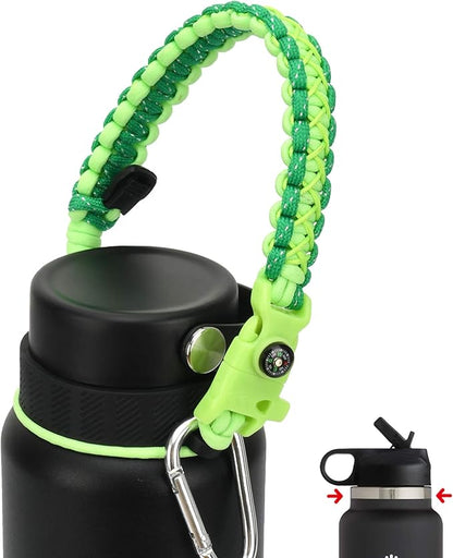 2.0 Paracord Handle for Hydroflask 2.0 Wide & Standard Mouth Water Bottles Carrier with New Ring & Carabiner 12oz - 64oz (32 oz-40 oz Wide Mouth, Glow Green Compass)