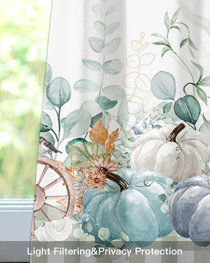 Fall Thanksgiving Kitchen Curtains Valances for Windows Navy Blue Pumpkins Green Eucalyptus Leaves Rod Pocket Window Treatment for Kitchen /Living Room/Bedroom/ Bathroom 54" X 18",Sage Farmhouse Plaid