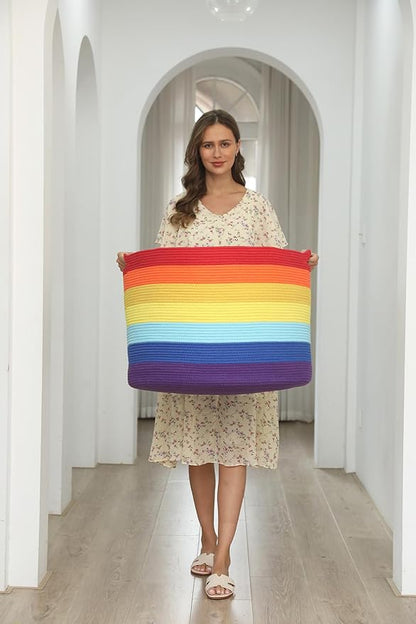 24" x 24" x 17" Max Size Large Cotton Rope Basket, Extra Large Storage Basket, Woven Laundry Hamper, Cloth Storage Bin, for Blankets Clothes Towels Pillows in Living Room, Rainbow