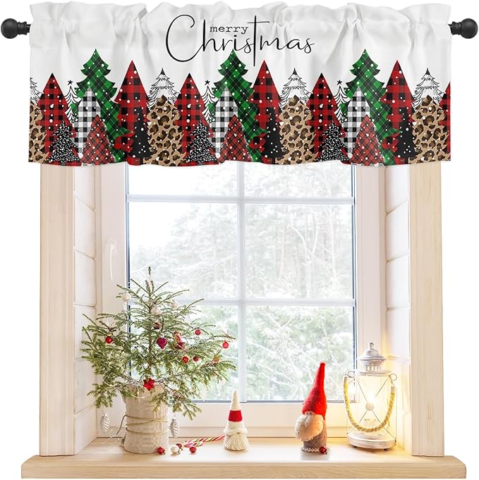 Merry Christmas Valance Curtains for Kitchen Windows Buffalo Plaid Xmas Tree Winter Forest Farmhouse Rod Pocket Window Treatment Toppers for Kitchen/Living Room/Bedroom/Bathroom, 42" X 18",Red Green