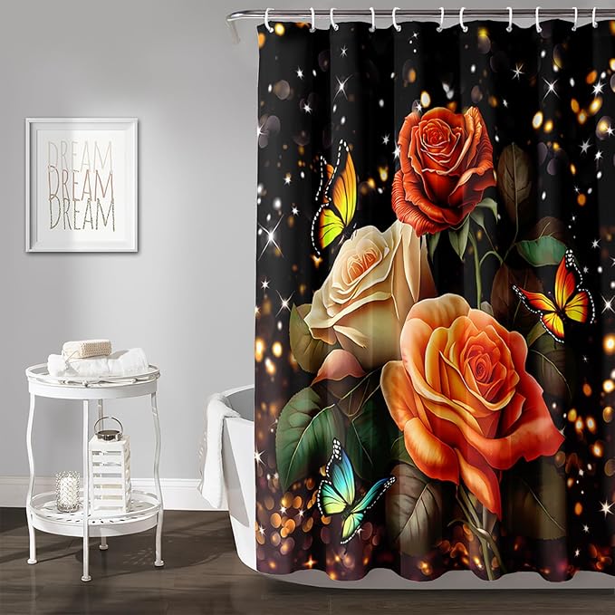 AILONEN Rose Flower Shower Curtain for Bathroom, Glitter Starry Flower Print Bath Curtain,Modern Botanical Floral Butterfly Waterproof Shower Curtain Decoration with 12 Plastic Hooks, 72" W*96" H