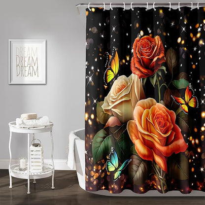 AILONEN Rose Flower Shower Curtain for Bathroom, Glitter Starry Flower Print Bath Curtain,Modern Botanical Floral Butterfly Waterproof Shower Curtain Decoration with 12 Plastic Hooks, 72" W*84" H