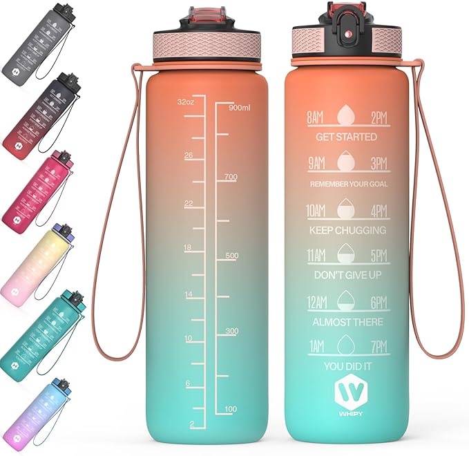 32 oz Water Bottle with Time Marker Leak-Proof & BPA Free Reusable Gym Water Bottle Easy to Carry Motivational Water Bottle for Fitness, Sports, Cycling (Orange & Light Green orange Head)