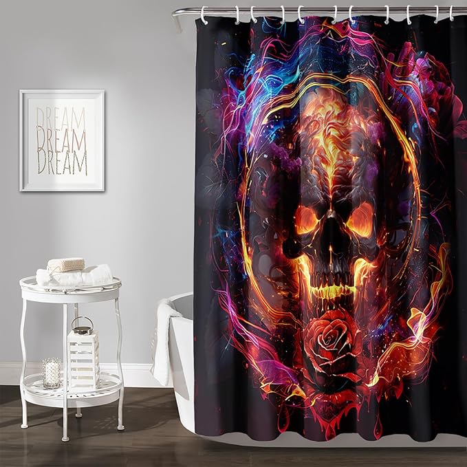 AILONEN Gothic Skull Shower Curtains for Bathroom,Red and Black Skeleton Sugar Skull Bath Curtain,Romantic Rose Flower Goth Skull Decor,Boys Men Curtain 12 Plastic Hooks Waterproof, 72" W x 78" H