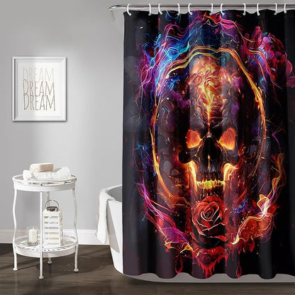 AILONEN Gothic Skull Shower Curtains for Bathroom,Red and Black Skeleton Sugar Skull Bath Curtain,Romantic Rose Flower Goth Skull Decor,Boys Men Curtain 12 Plastic Hooks Waterproof, 72" W x 84" H