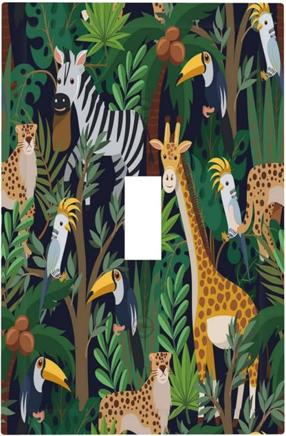 Cartoon Animal Zebra Leopard Giraffe Bird Leaf 1 Gang Nursery Light Switch Covers Decorative Single Toggle Wall Plate Switchcover Electrical Switchplate for Kidroom Bedroom Decor