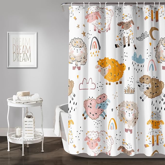 AILONEN Cute Sheep Kids Shower Curtain for Bathroom,Sheep Moon Clouds Kids Creative Rainbow Waterproof Bath Curtain,Modern Minimalist White Curtain with 12 Plastic Hooks(72" W*96" H)