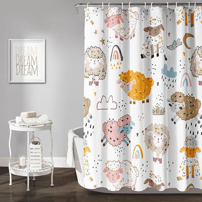 AILONEN Cute Sheep Kids Shower Curtain for Bathroom,Sheep Moon Clouds Kids Creative Rainbow Waterproof Bath Curtain,Modern Minimalist White Curtain with 12 Plastic Hooks(72" W*96" H)