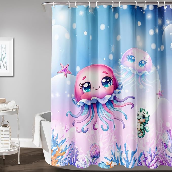 AILONEN Jellyfish Shower Curtain, Cute Jellyfish Starfish Seahorse Coral Pink Bath Curtain,Ocean Theme Shower Curtain 72" W*78" H Polyester Waterproof Bathroom Curtain with 12 Hooks