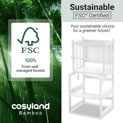 COSYLAND 3-in-1 Multifunctional Toddler Standing Tower, Kids Kitchen Step Stool with Whiteboard, Desk Table and Chair, Enjoys Unique Patented Design,FSC,CPC,SOR,CE,White