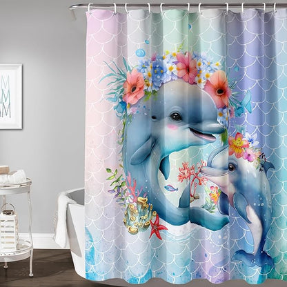 AILONEN Cute Dolphin Shower Curtain,Color Mermaid Scale Print Shower Curtain with 12 Plastic Hooks,Kawaii Ocean Dolphin Print Bath Curtain Decorative Waterproof 48" W*72" H