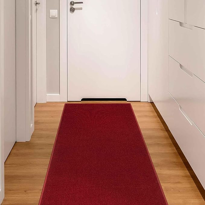 Machine Washable Modern Solid Design Non-Slip Rubberback 3x12 Traditional Runner Rug for Hallway, Kitchen, Bedroom, Living Room, 2'7" x 12', Red