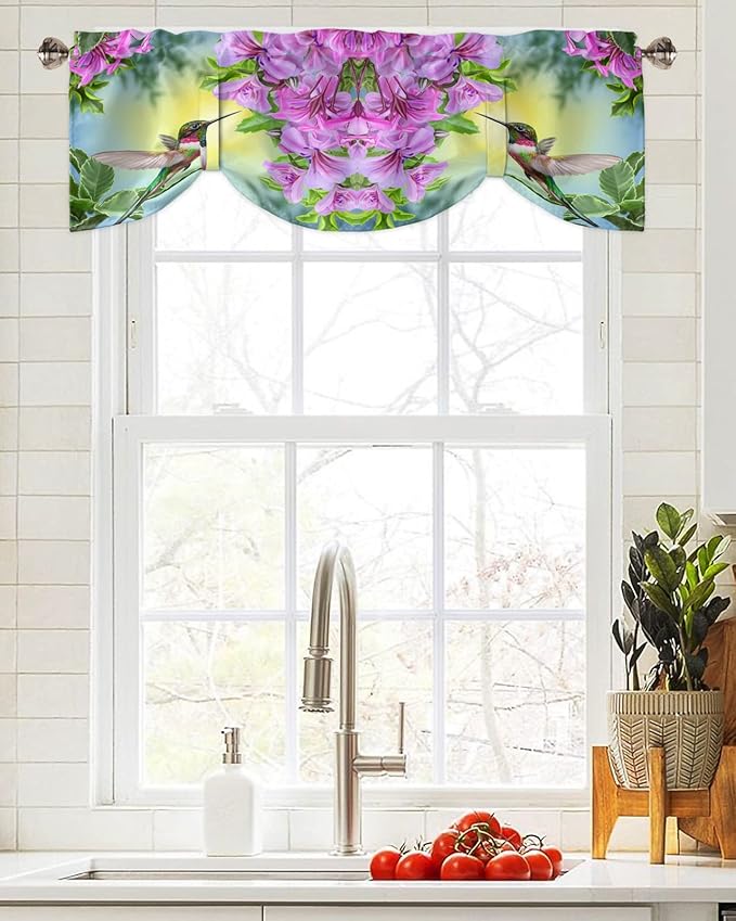 Pink Flowers Blackout Tie Up Valance Curtains for Kitchen Windows Hummingbird Window Toppers Balloon Shades for Living Room/Bathroom/Bedroom,1 Panel,42" X 18"