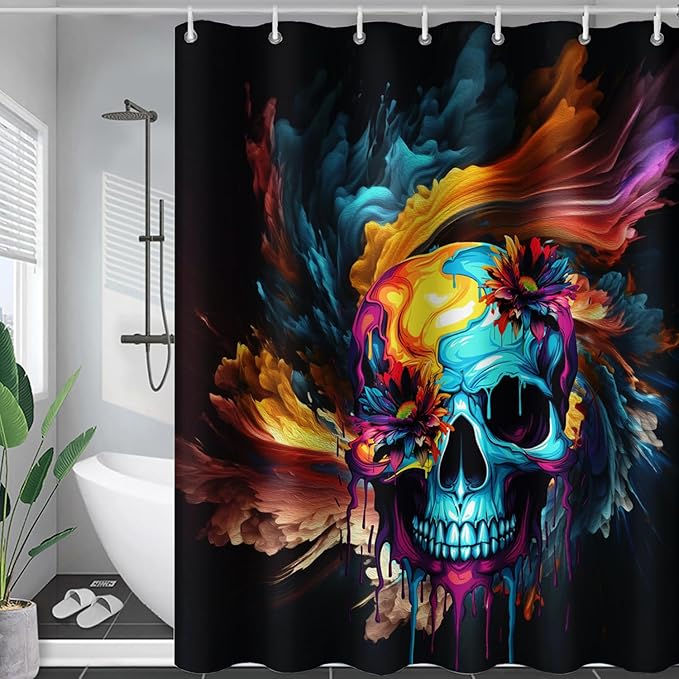 AILONEN Sugar Skull Shower Curtain for Bathroom,Romantic Colorful Smoky Skull Bath Curtain,Watercolor Skull Skeleton Decoration Bathroom Waterproof Shower Curtain with 12 Plastic Hooks, 36" W*72" H