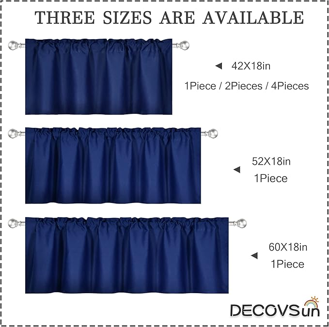 Navy Blue Valance for Windows Solid Blackout Rod Pocket Short Curtain Valance for Kitchen Bathroom 42x18 Inch 1 Panel