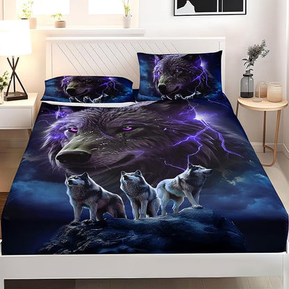 AILONEN Wolf Fitted Sheet Set Queen Size, Black Wolf Lightning Howling Wolf Bed Sheet Set for Boys,Wildlife Soft 3D Printed Fitted Sheet with 2 Pillowcases,3 Pieces