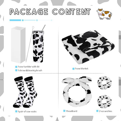 Uiifan 6 Pcs Mothers Day Gifts Cow Themed Gifts Sets for Women 20 oz Cow Stainless Steel Tumbler with Lids and Straws Cow Throw Blanket Socks Birthday Gifts for Woman Cow Lovers (Black Cow)