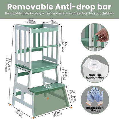 COSYLAND Kids Kitchen Step Stool, Toddler Standing Tower with CPC & FSC Certification, Removable Anti-Drop Railing Safety Rail Enjoys Unique Patented Design A Anti-tip Stable Structure Green & White