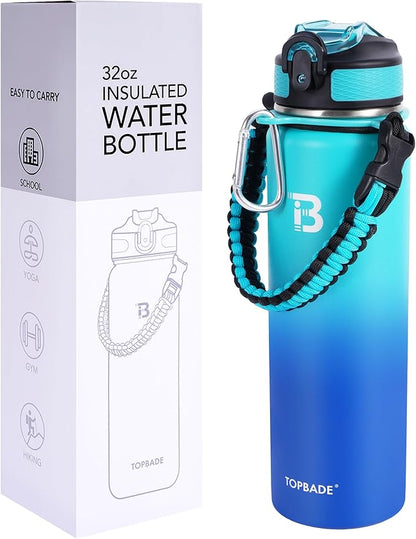 32oz Insulated Water Bottle with Straw Lid & Spout Lid & Paracord Handle, Stainless Steel Water Bottle Wide Mouth, Double Wall for Women Men Gym Fitness Outdoor