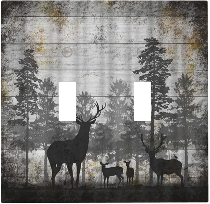 Rustic Deer Forest Vintage Wood Board Double Toggle Boho Light Switch Covers Decorative Country Unique 2 Gang Wall Plate Dual Electrical Faceplate Switchplate for Farmhouse Cabin Decor